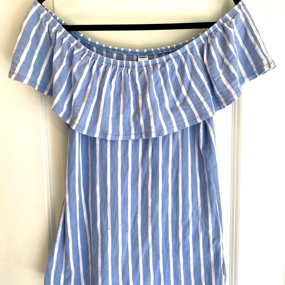 Blue and white off the shoulder blouse